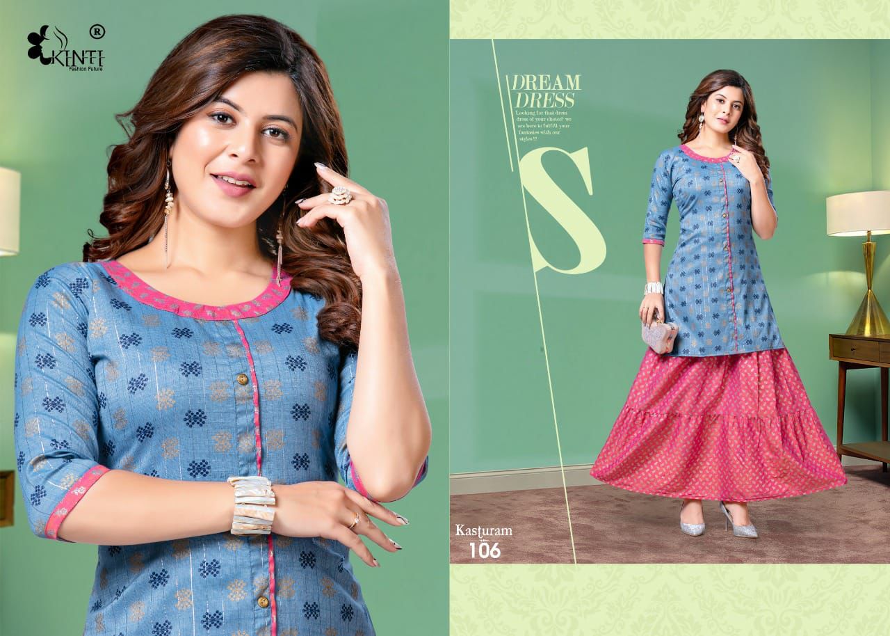 Kinti Kasturam Fancy Ethnic Wear Rayon Printed Top With Skirt Collection
